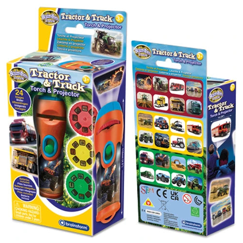 Brainstorm Tractor and Truck Torch and Projector packaging showing front and back views together