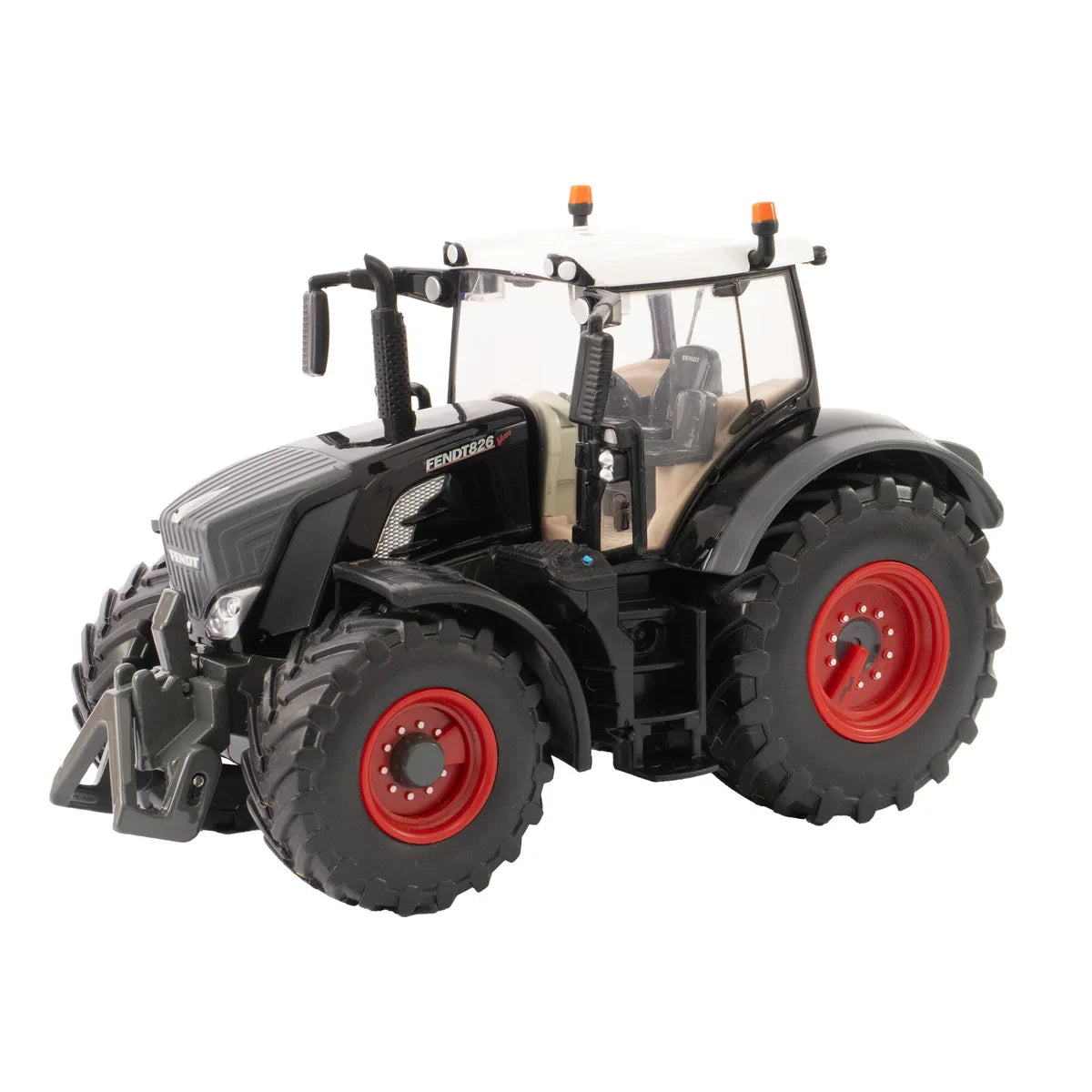 Britains 1:32 Fendt Vario 826 Black Limited Edition tractor model in black finish with white roof, red wheel rims, large treaded tyres, front linkage, clear cab glazing, mirrors, and roof beacons shown from front left angle