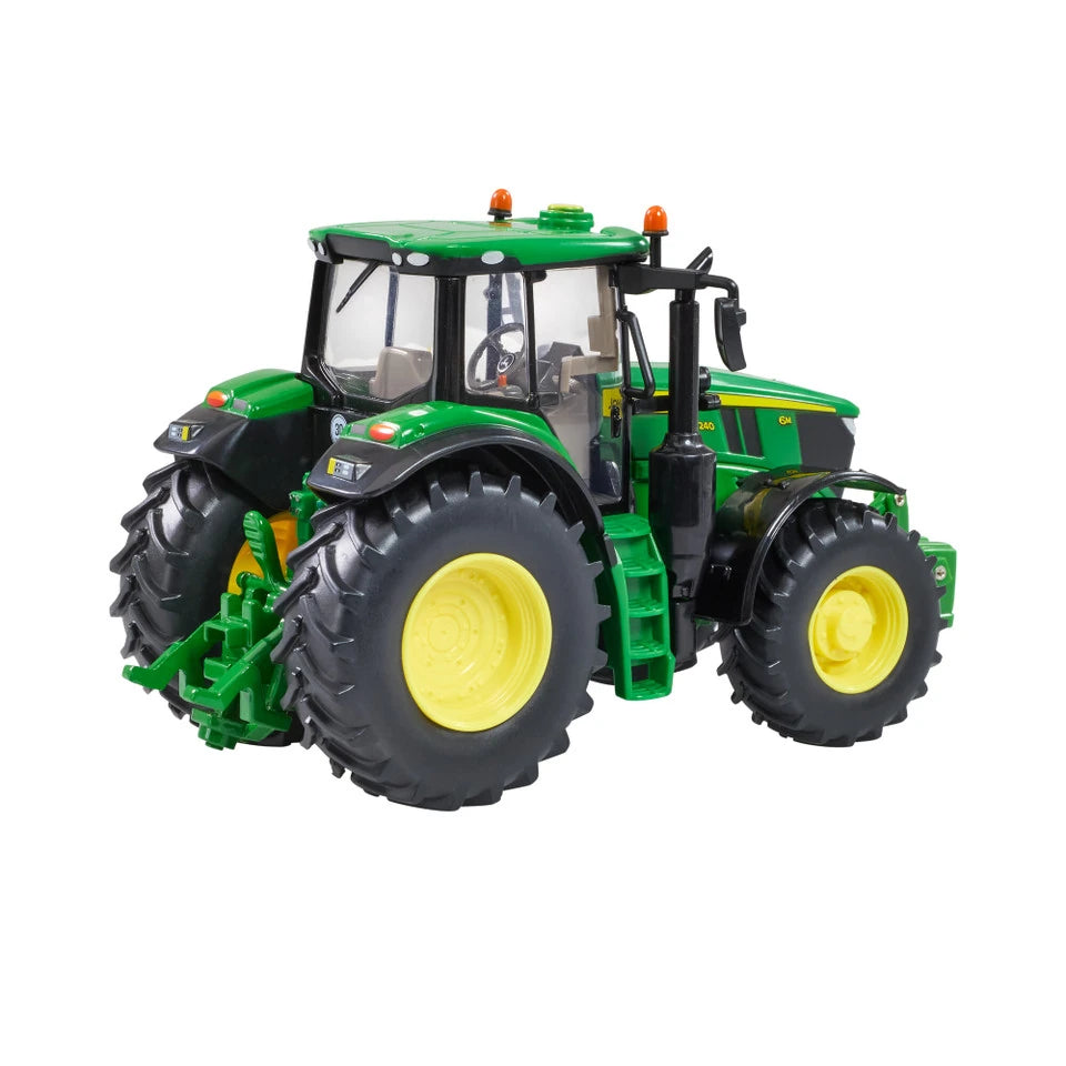 Britains John Deere 6M 240 farm toy tractor shown from the right side with green panels and yellow wheels