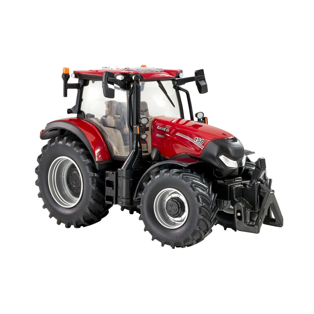 Britains Case Maxxum 150 tractor model shown in front three quarter view with red bodywork, black bonnet, large tread tyres, enclosed cab fitted, front linkage visible, and Case IH decals on a white background