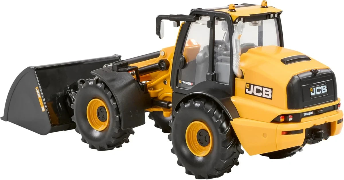 Britains JCB TM420S loader shown from a rear right angle with yellow and black bodywork, rear body section, enclosed cab and front bucket visible