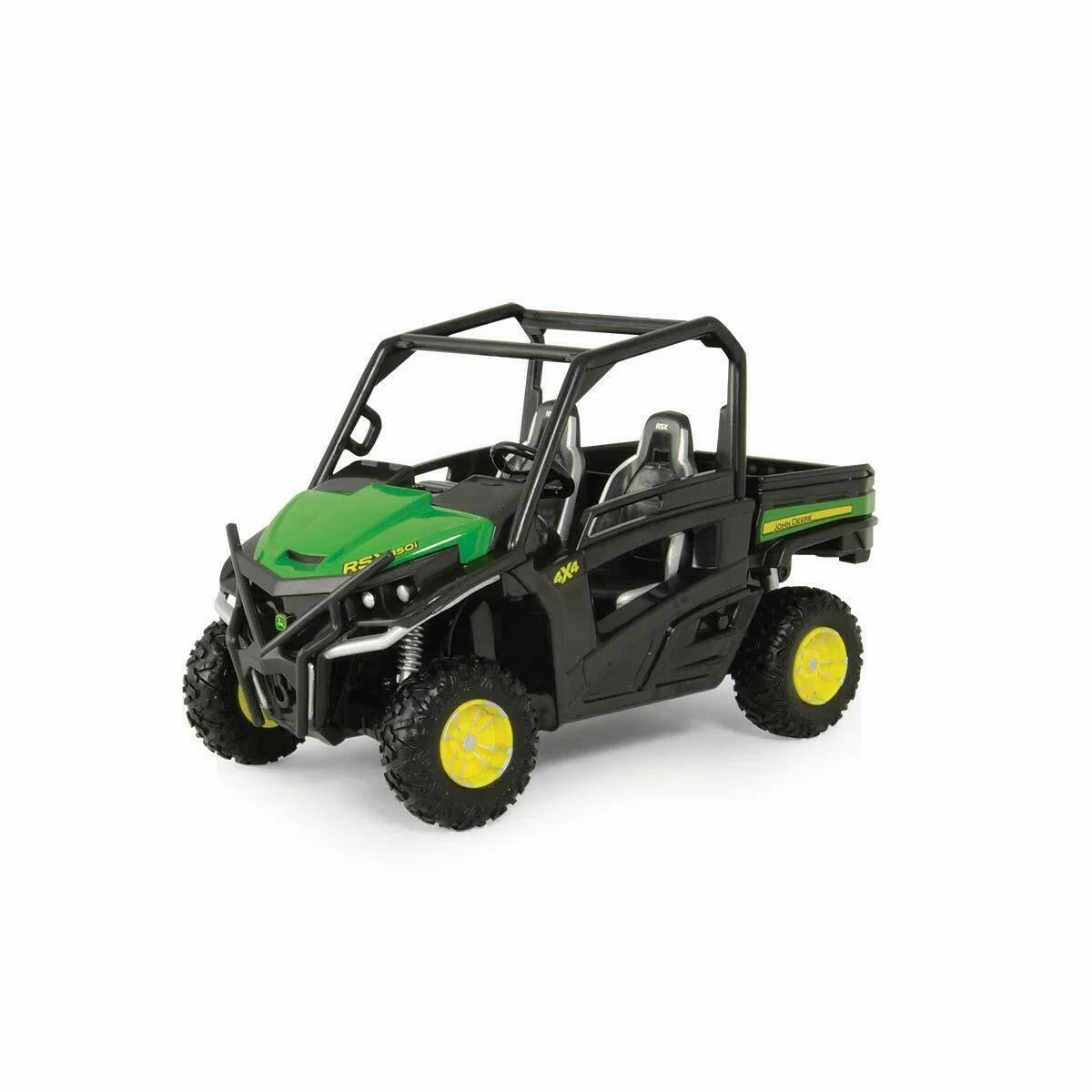 Britains John Deere Gator RSX860I utility vehicle model shown from front left angle with rear load bed visible, John Deere side decal, open cab frame, treaded tyres and utility vehicle body detailing
