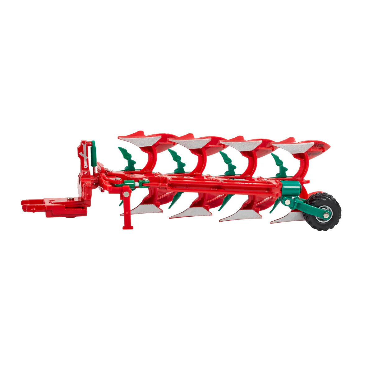 Britains Kverneland 2300 S Variomat plough 1:32 scale model shown from the side with red frame, silver mouldboards, green linkage parts and rear support wheel on a white background