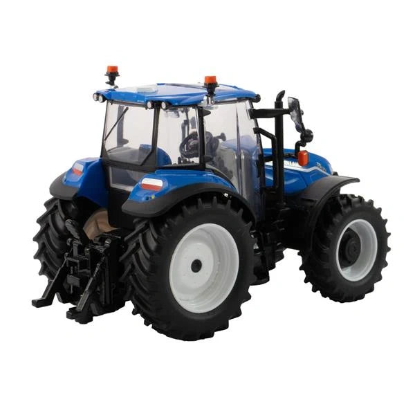 Britains New Holland T5.120 tractor model shown from rear left angle with rear hitch assembly, large tread rear tyres, cab interior visible through rear window, roof lights and rear mudguards