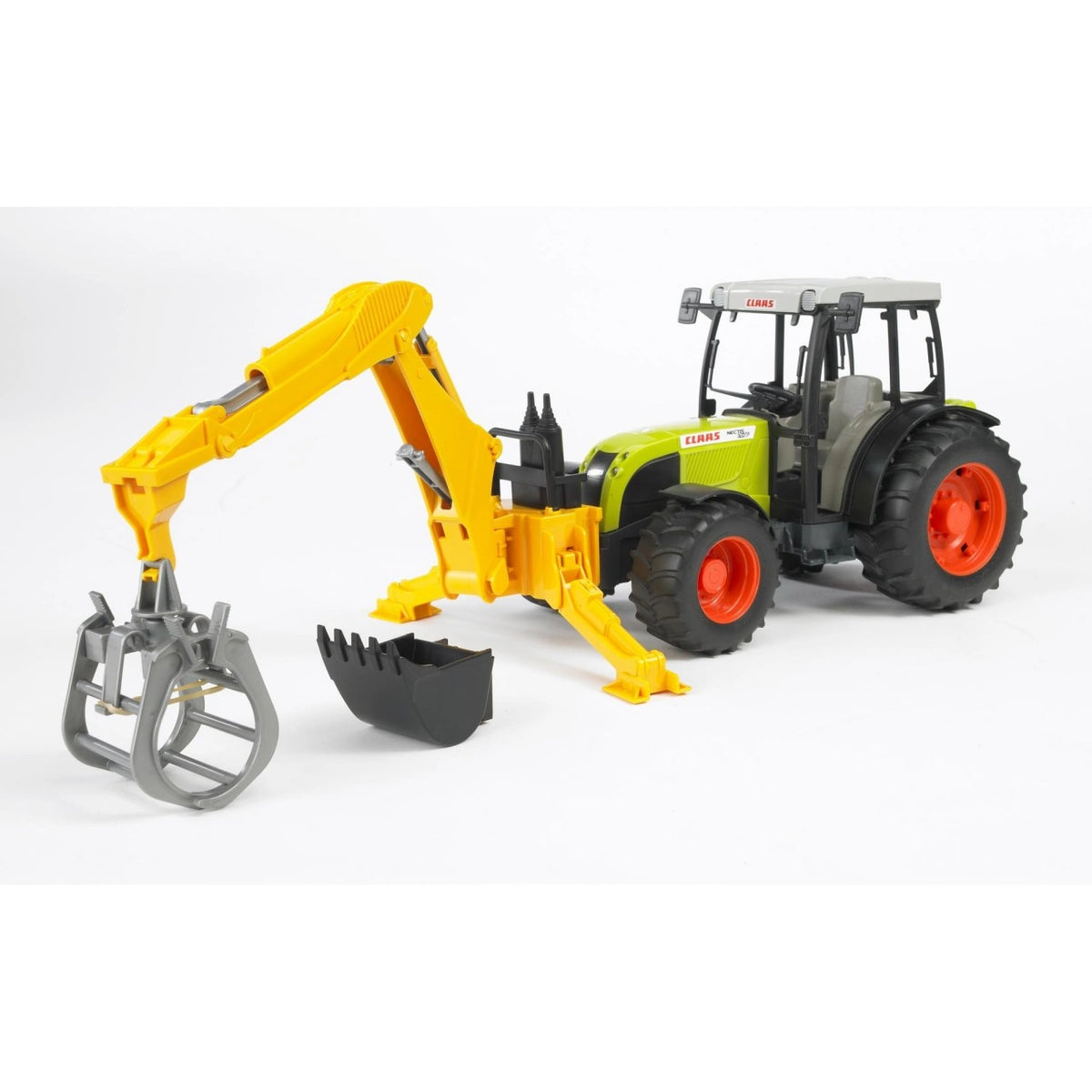 Bruder Rear Hydraulic Arm with Grab fitted to a green Claas tractor with orange wheels, showing the extended yellow excavator arm, grey grab and separate black bucket.