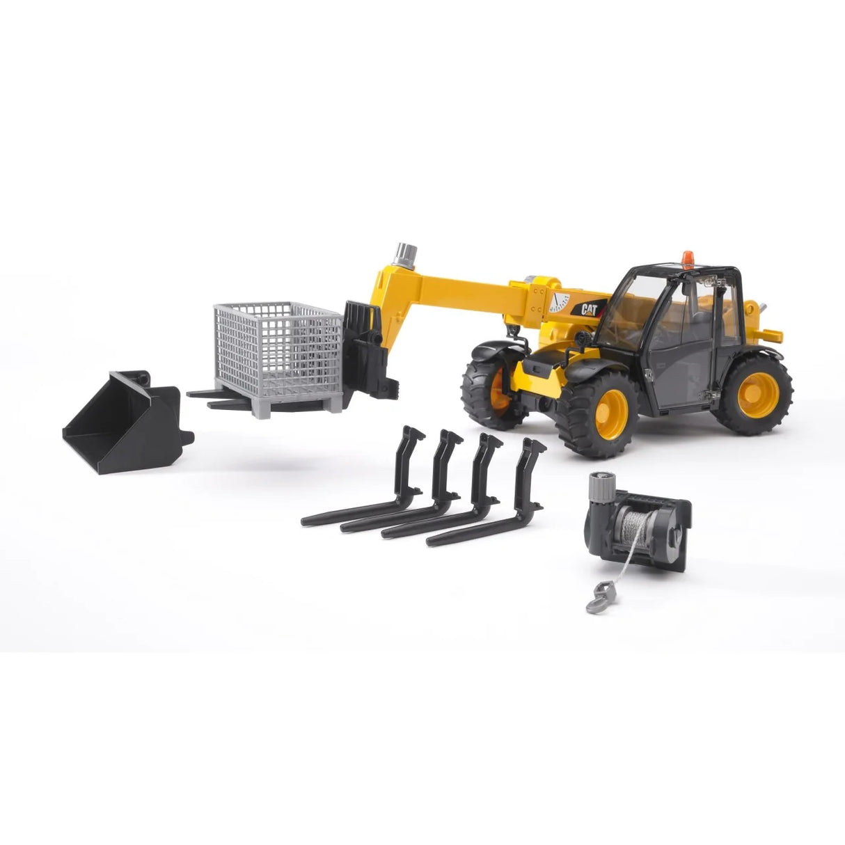 A Bruder yellow telescopic loader holding a grey basket pallet with black forks, with additional forks and a cable winch placed on a white background.