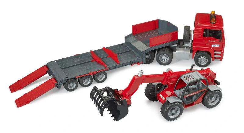 Bruder MAN TGA low loader truck, trailer and Manitou telehandler shown separately