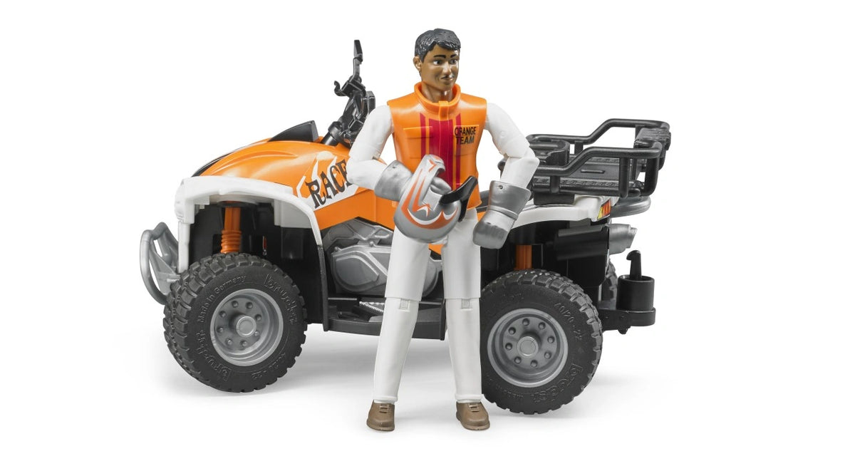 Bruder bworld Quad with Driver 63000 showing the rider figure standing beside the orange and white quad bike, holding a silver helmet with the rear luggage rack visible