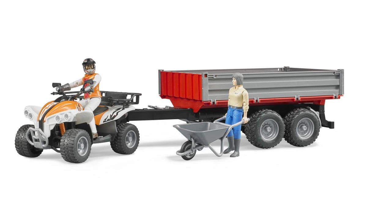 Bruder bworld Quad with Driver 63000 connected to a grey and red tipping trailer, with a second figure standing beside a wheelbarrow