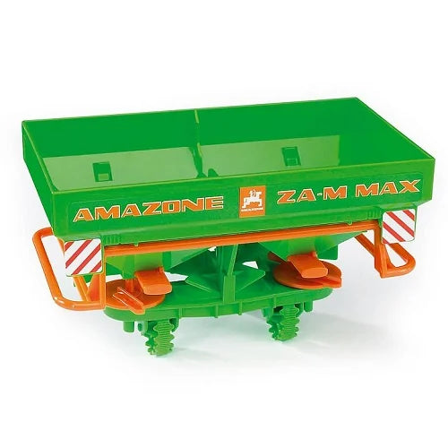 A close view of a green Amazone ZA-M Max toy fertiliser spreader showing its twin hoppers and spreading discs.