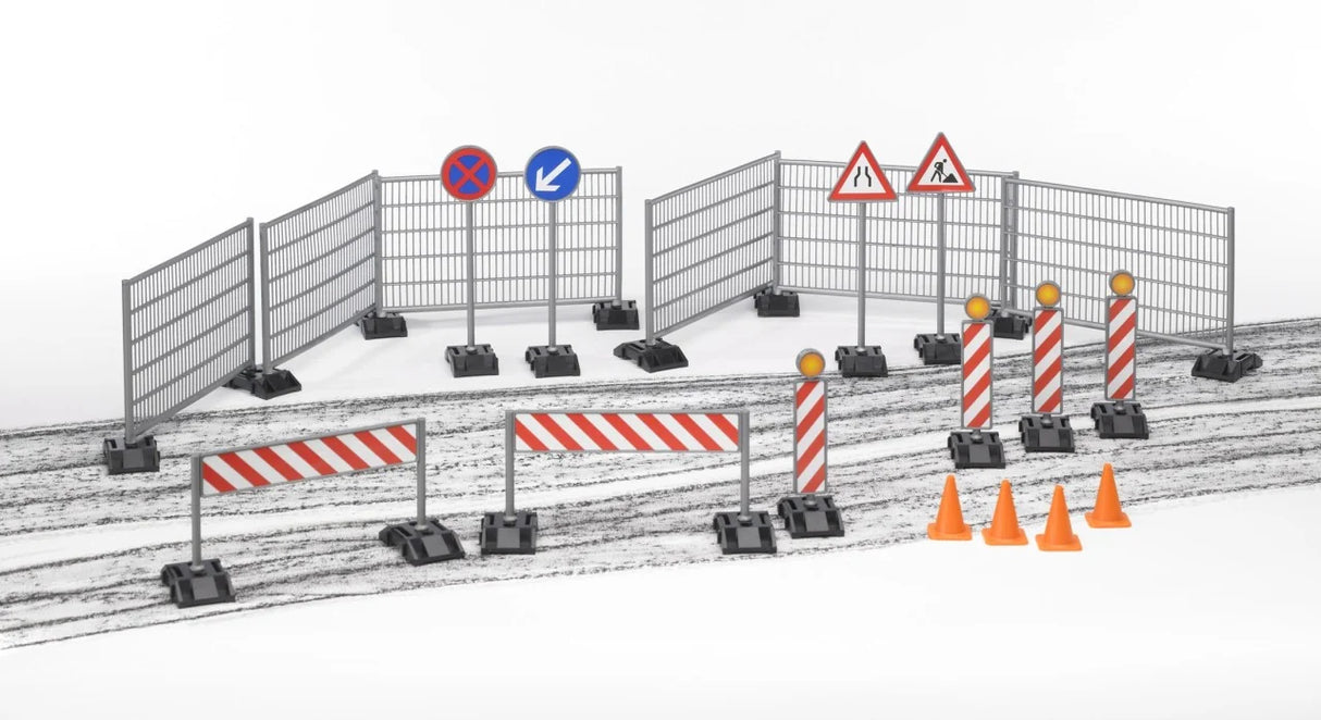 Bruder bWorld construction site accessories including fences, cones and warning signs placed on a road surface