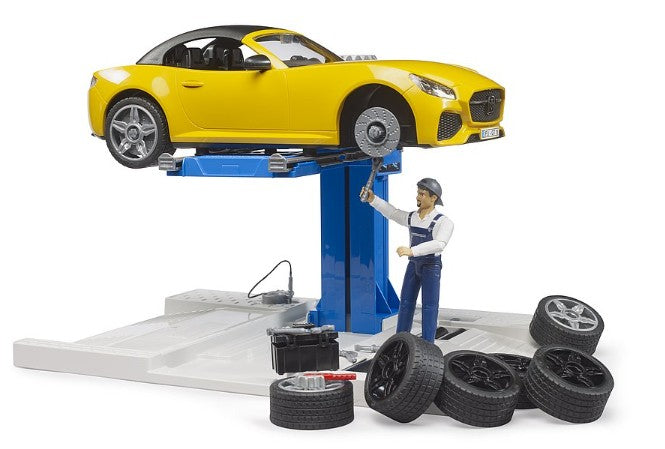 Bruder car service centre showing roadster on lift and mechanic Ireland
