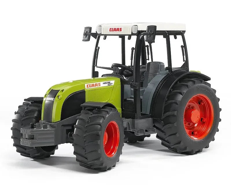 A detailed Claas Nectis 267F toy tractor with green body, red wheels and clear cab glazing.