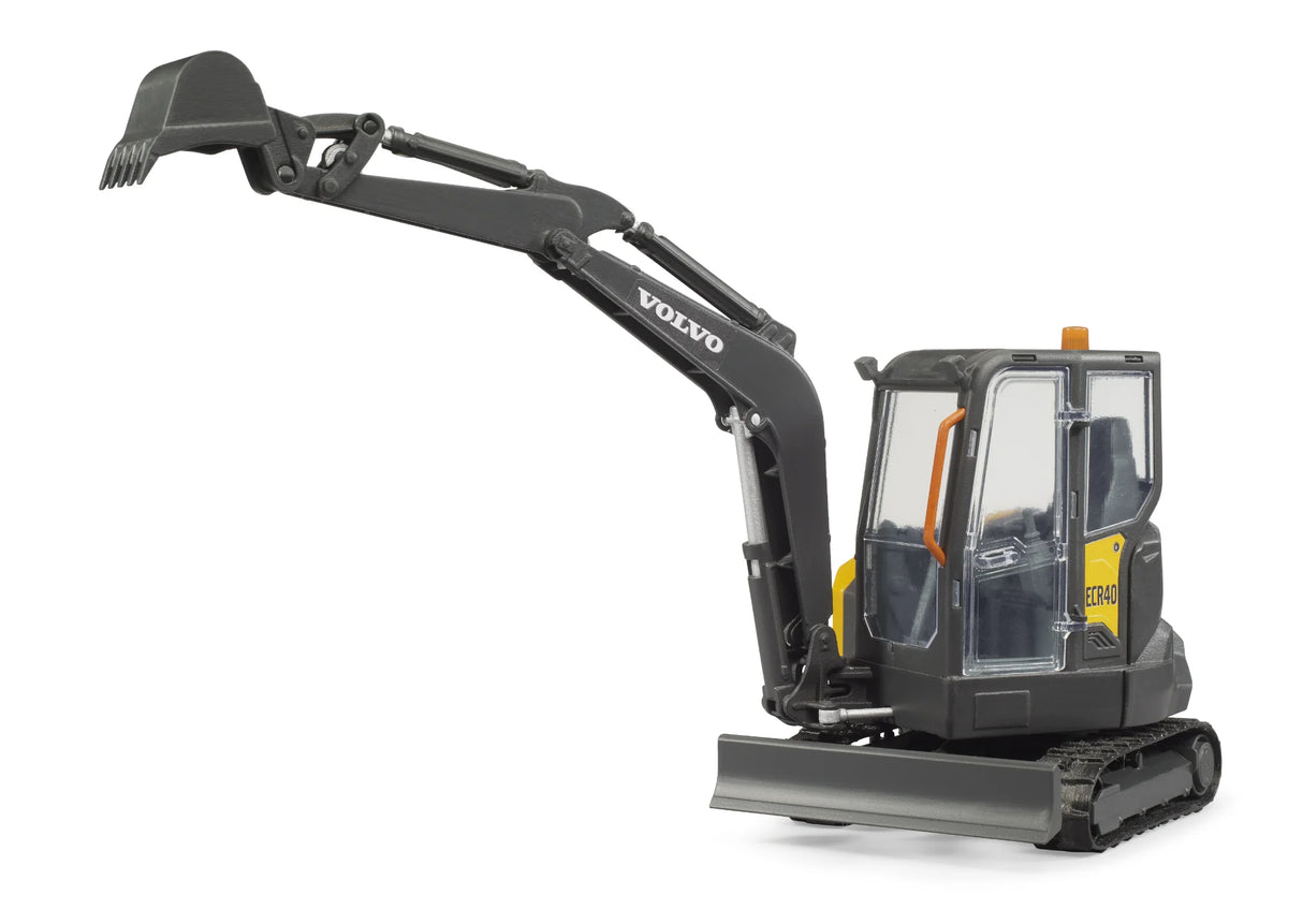 Bruder Compack Excavator ECR40 model with raised arm and open bucket showing realistic 1:16 scale detail