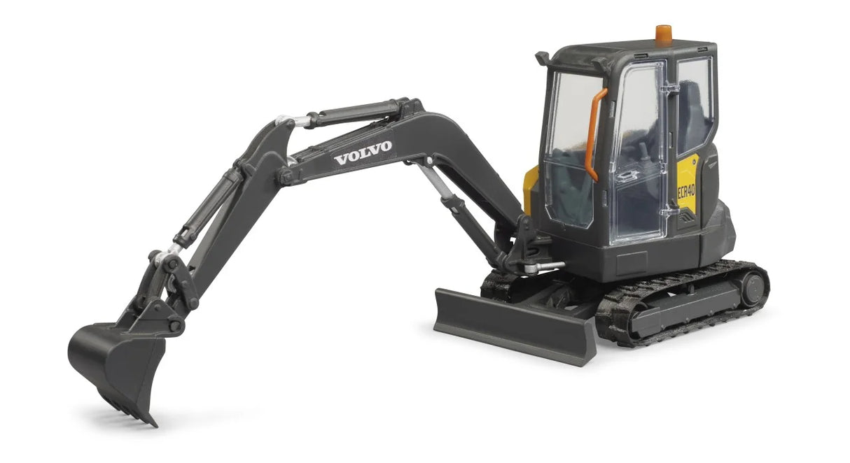 Bruder Compack Excavator ECR40 toy in dark grey with detailed cab, orange handle, and extended digging arm
