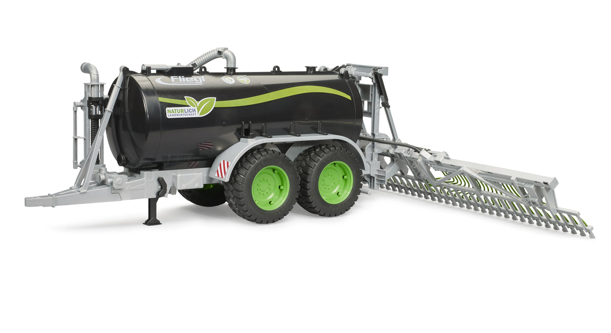 Bruder 1:16 Fliegl Barrel Trailer Jumbo Line farm toy trailer side view with the spread booms extended