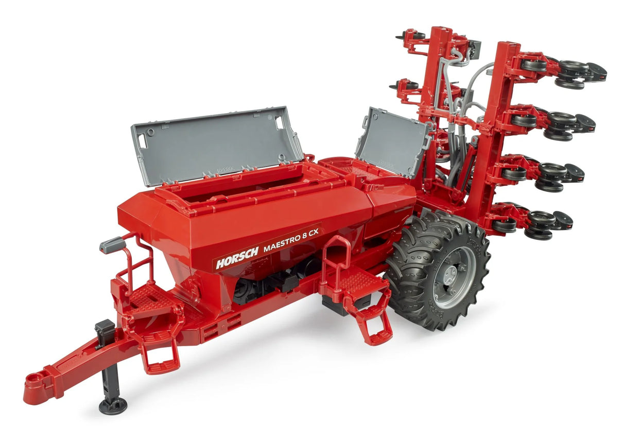 Bruder Horsch Maestro 8CX precision seeder toy with open grain bin lids, red tank body and folded rear units