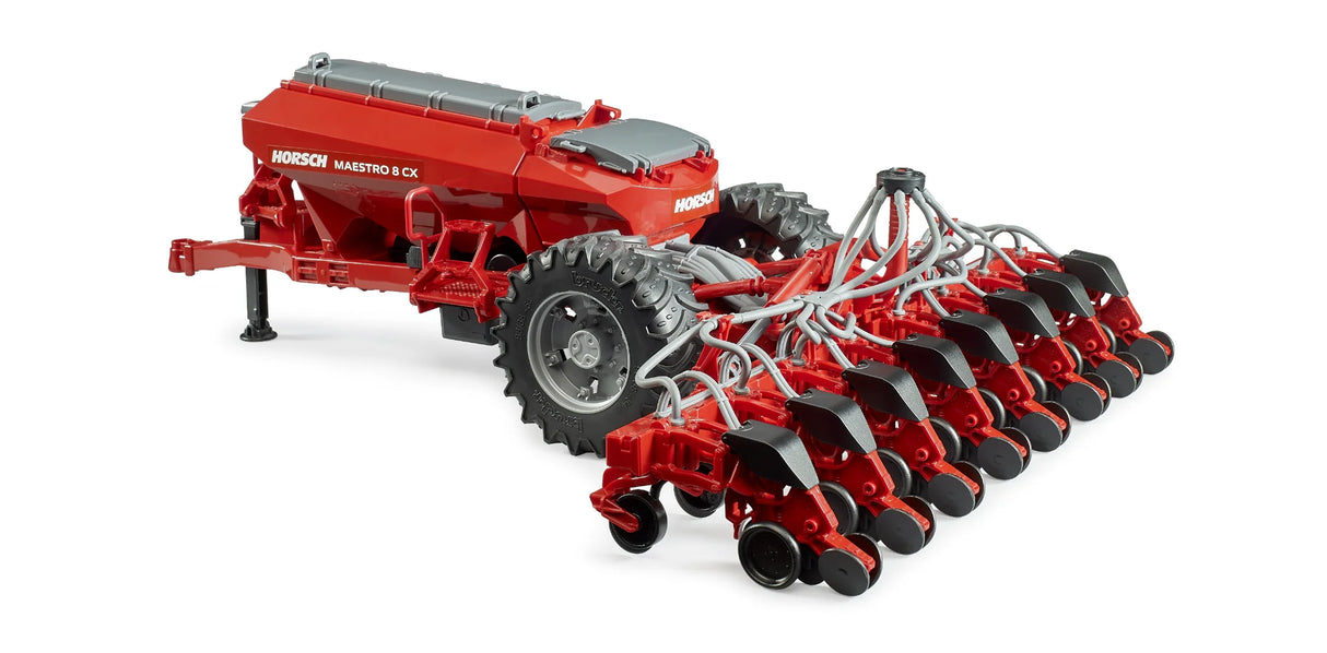 Bruder Horsch Maestro 8CX precision seeder toy in red with unfolded seed units, visible hoses, wheels and rear frame