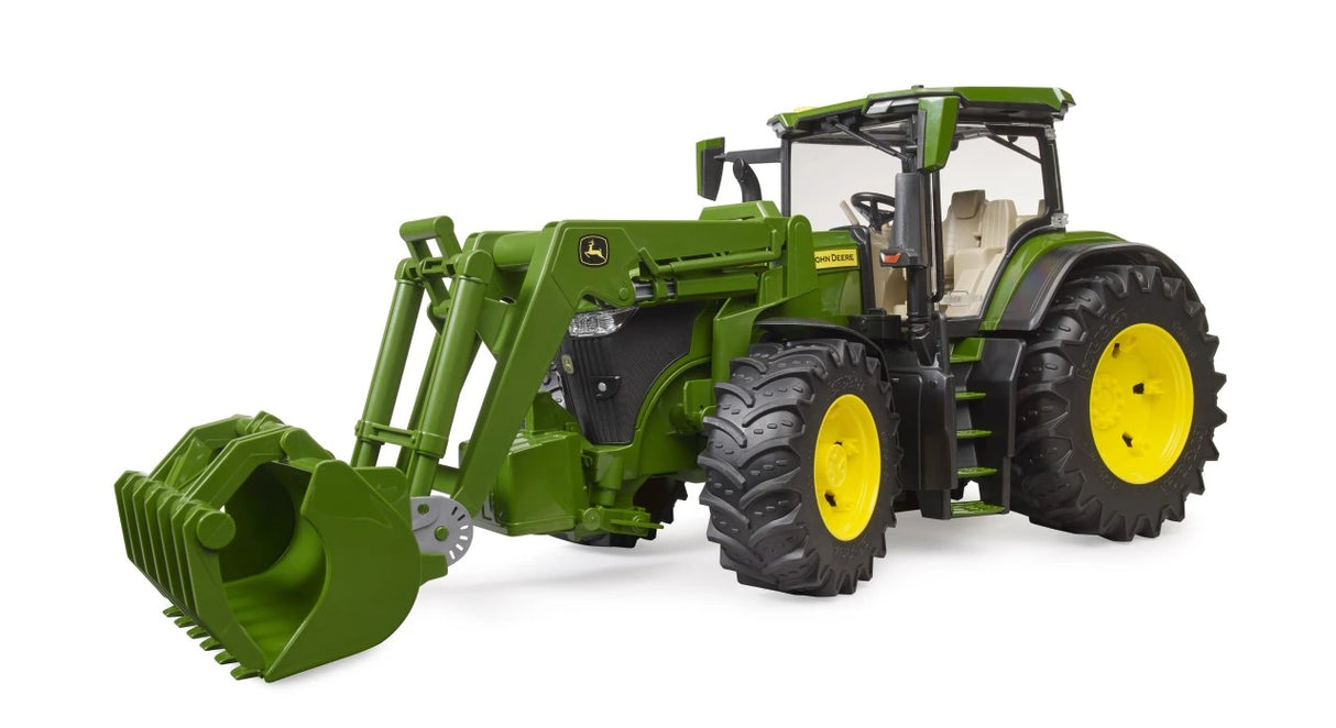 Green John Deere 7R 350 farm toy tractor with front loader bucket lowered and yellow wheels