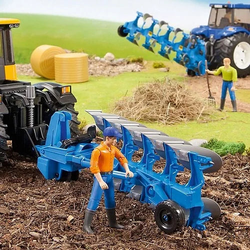 A toy Lemken plough attached to a tractor in a farm play scene with figures working nearby.