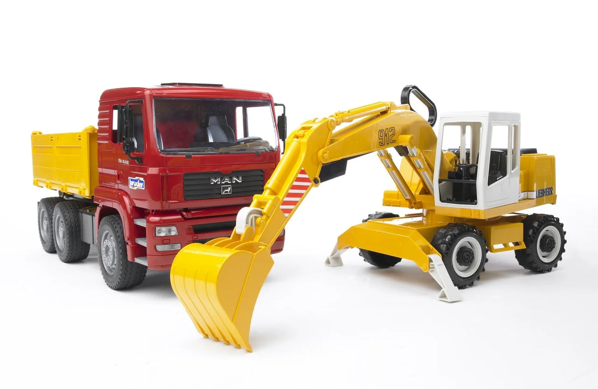 Bruder MAN TGA construction truck in red with yellow tipping body alongside a Liebherr wheeled excavator with digging bucket