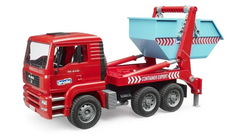 Bruder MAN TGA Skip Loader 2741 hook arm raising the light blue skip container off the ground