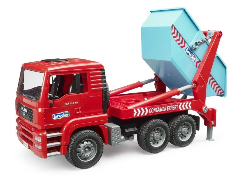 Bruder MAN TGA Skip Loader 2741 with skip container tilted upright on the hook arm mechanism