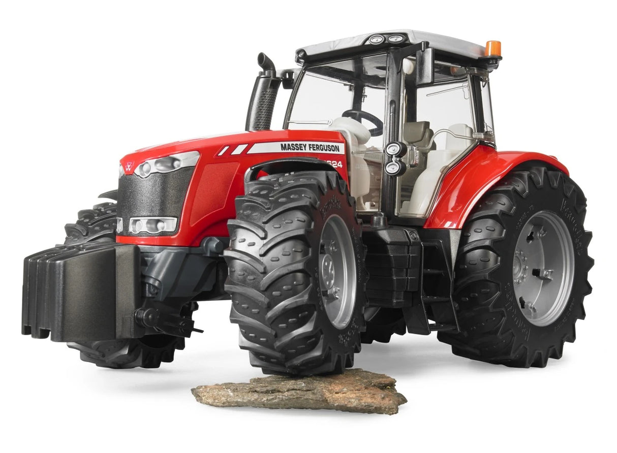Red Massey Ferguson 7624 farm toy tractor showing front weight, cab and tread tyres