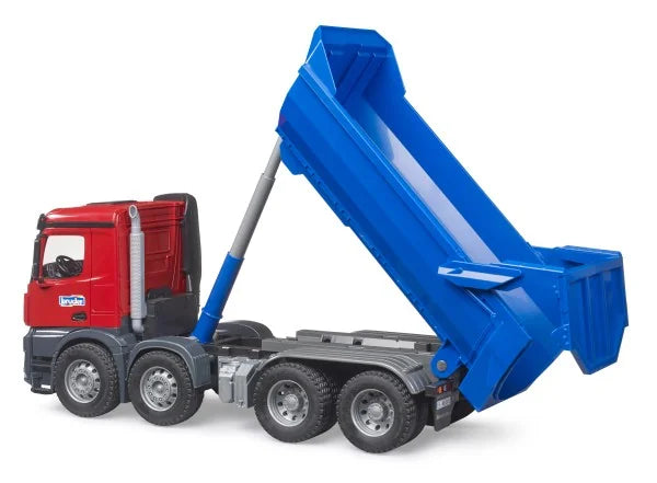 Bruder Mercedes Benz Arocs Half Pipe Dump Truck with raised tipping bed showing hydraulic lift in action.