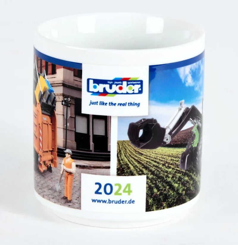 A ceramic Bruder mug showing artwork of an orange refuse truck scene on one side and a green tractor with a front loader on the other, and 2024 year with Bruder logo.