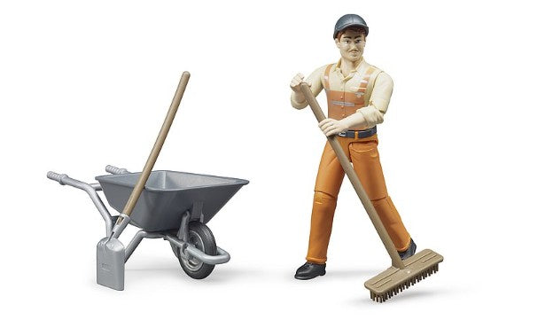 Bruder Municipal Worker sweeping with tools and wheelbarrow Ireland