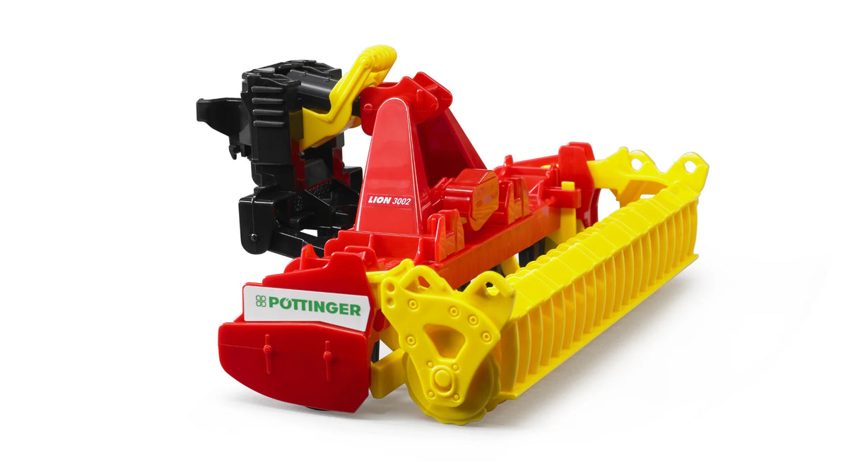 A Bruder Pöttinger Lion 3002 rotary harrow toy in red, yellow and black with a visible Pöttinger logo and detailed roller on a white background.