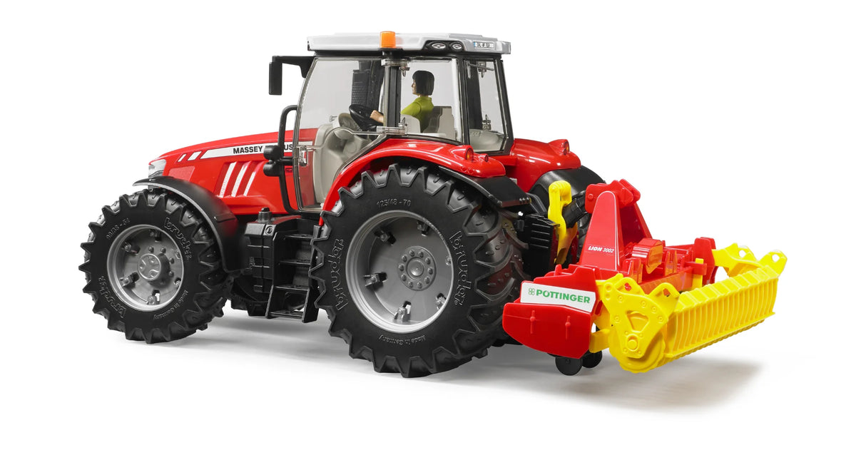 A Bruder red tractor viewed from an angle towing the red and yellow Pöttinger Lion 3002 rotary harrow toy on a white background.