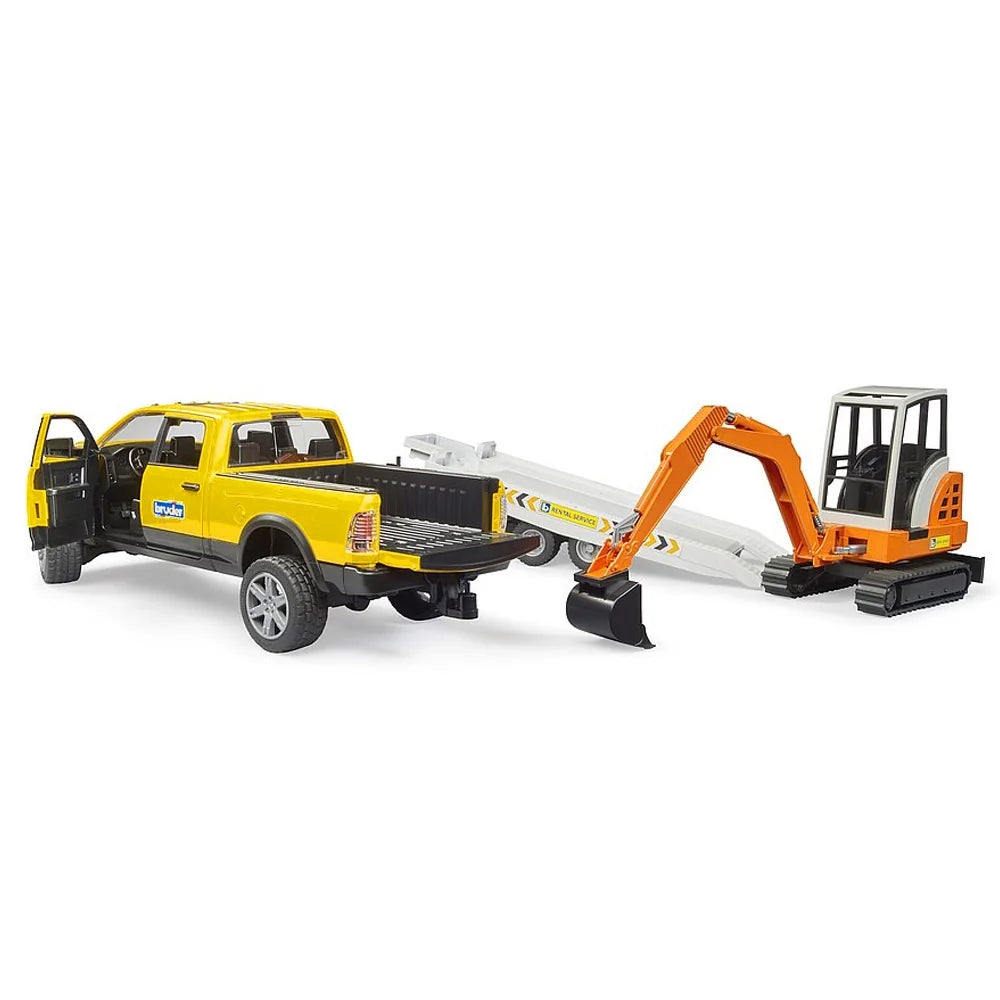 Yellow pickup truck with the left door open and tailgate down, grey trailer behind, orange tracked mini excavator beside the trailer on a white background.