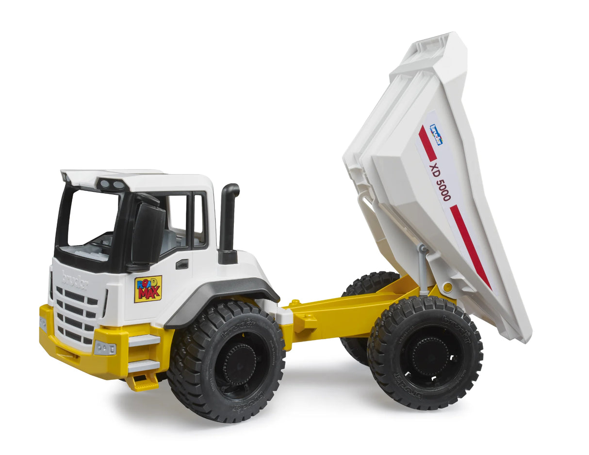 Bruder ROADMAX dumper truck, white cab, yellow chassis, white tipping trough raised with XD 5000 marking, black wheels