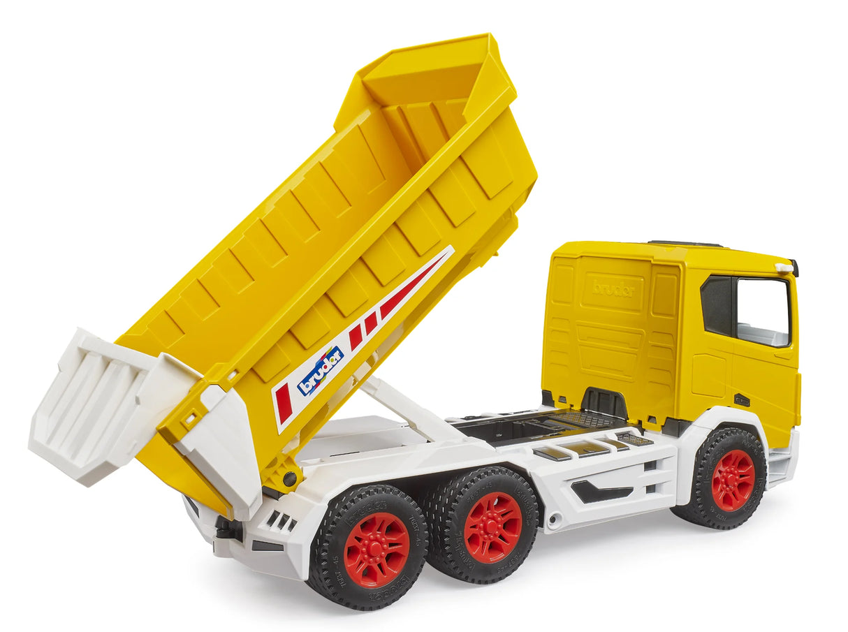 Roadmax tipper truck in yellow with white chassis and red wheels, enclosed cab with tipper body raised on a white background