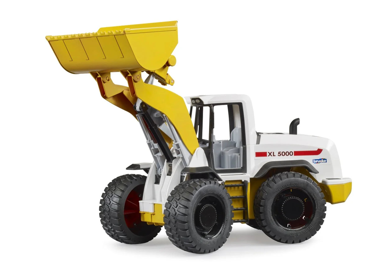 Bruder ROADMAX Wheel Loader with bucket lifted high, showing articulated steering and tread tyres
