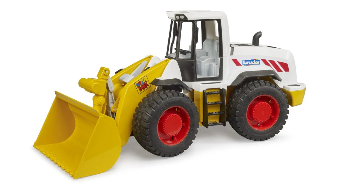 Bruder ROADMAX Wheel Loader toy with white cab, yellow loading arm, and large red wheels on clean background
