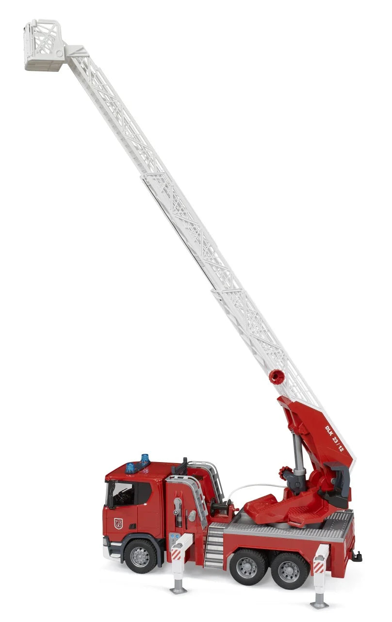 Bruder Scania Super 560R fire engine toy with its turntable ladder raised and stabiliser legs extended