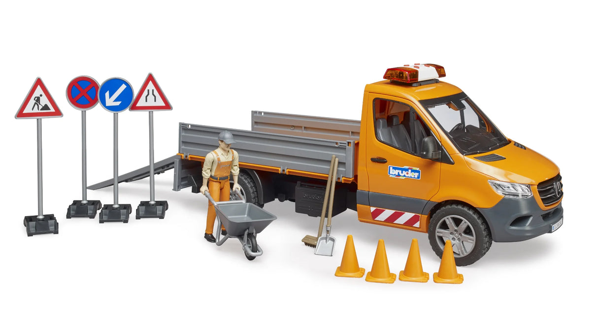 A Mercedes Benz Sprinter municipal toy truck with a construction worker, wheelbarrow, tools, cones and road signs.