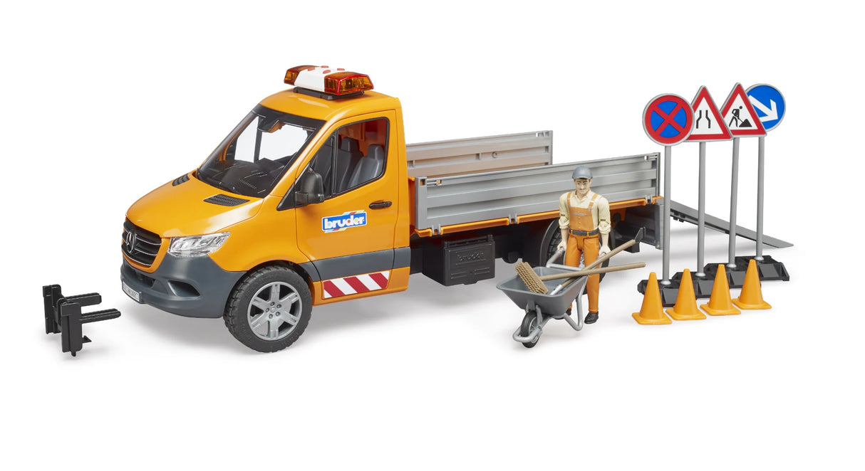A Mercedes Benz Sprinter municipal toy truck with a construction worker, four road signs, cones and a wheelbarrow.