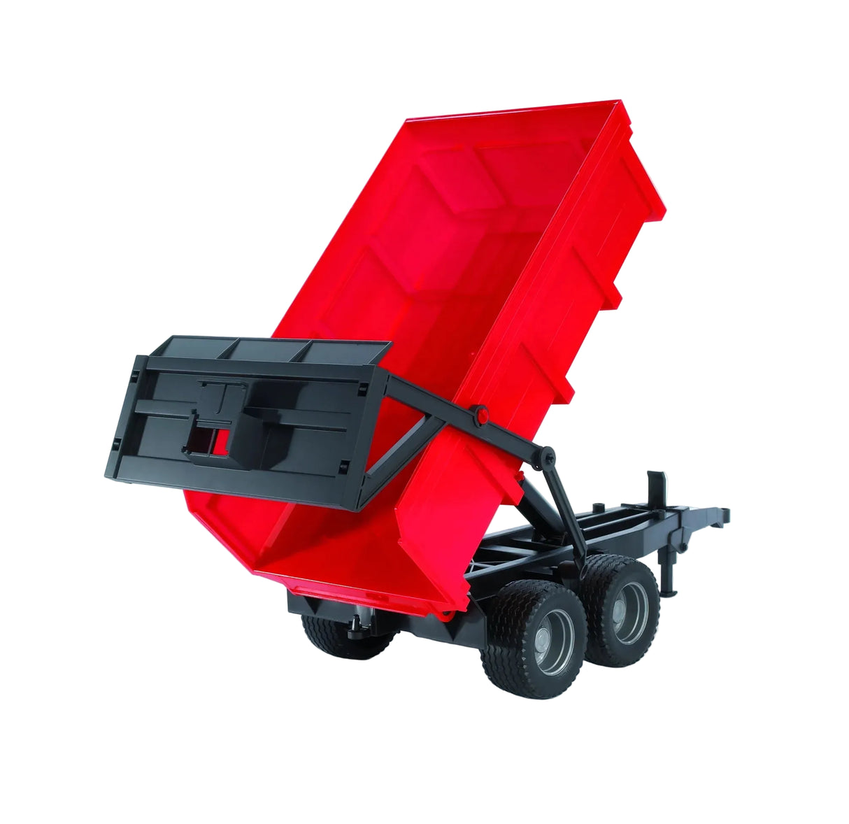 Red Bruder tipping trailer toy with a black frame and its trailer bed raised with the rear panel open
