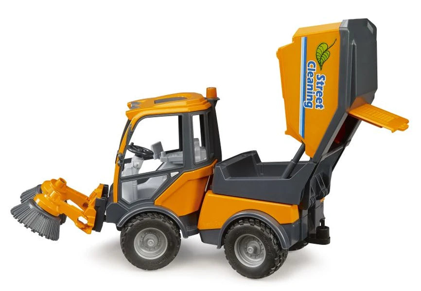 Bruder 1:16 VarioCar Street Sweeper 02691 with the refuse container raised and rear tailgate open for emptying