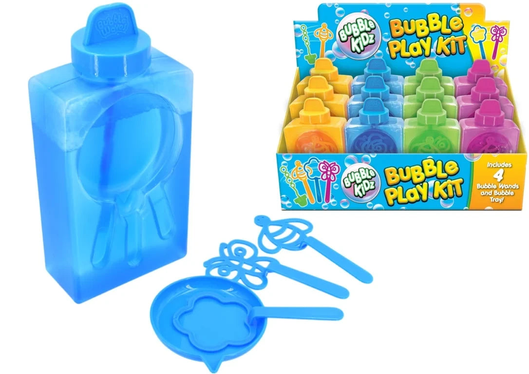 Bubble Play Kit display box with yellow, blue, green and pink bottles plus shaped bubble wands