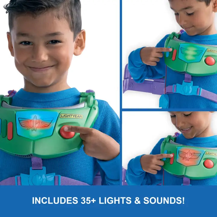 Child pressing the red jetpack button with panels showing the green and red light effects