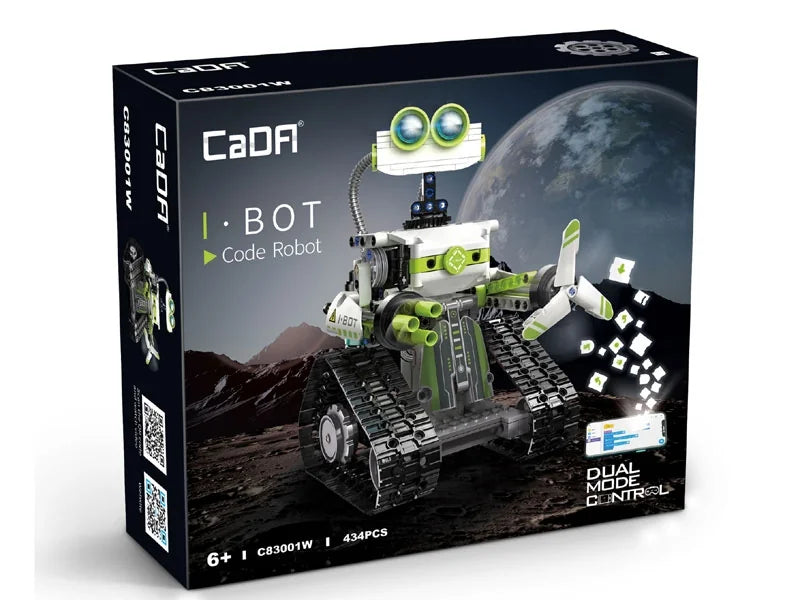 CaDA Coding Robot retail box showing programmable I-BOT robot with dual remote and app control