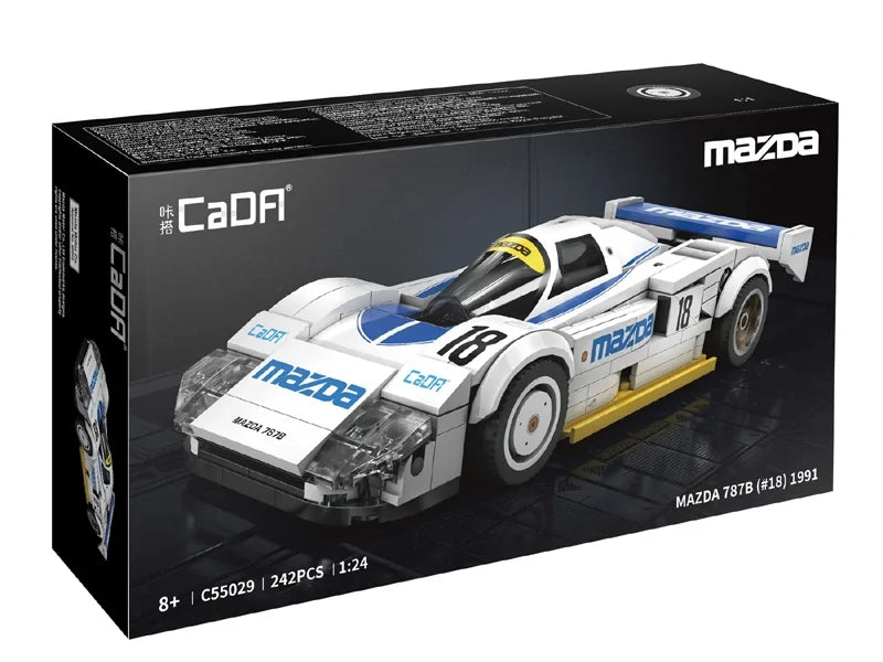 CaDA Mazda 787B 1:24 scale 242 piece model box showing car artwork, logos and product details on black packaging