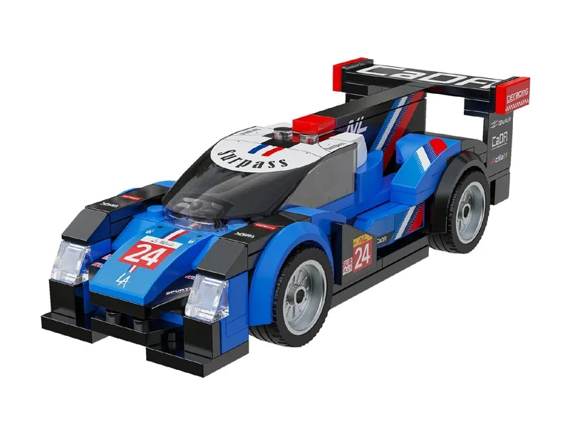 CaDA Supersonic Star blue 1:32 racecar brick model with black panels, red highlights and large rear spoiler