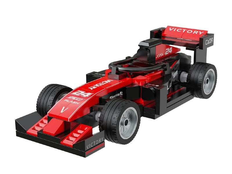 CaDA Triumph Legend red Formula racecar brick model with black detailing, aerodynamic front wing and rear spoiler