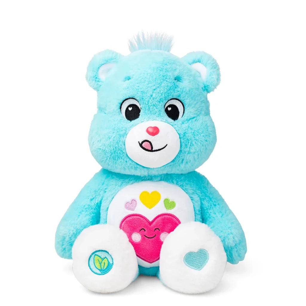 Care Bears 35cm Always Here Bear light blue plush with white legs and colourful heart belly badge, front view.
